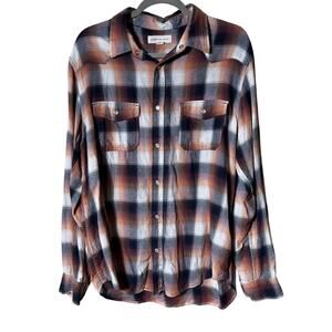 Aeropostale Men Pearl Snap Flannel Shirt SZ L Plaid Western Orange Black Burgund